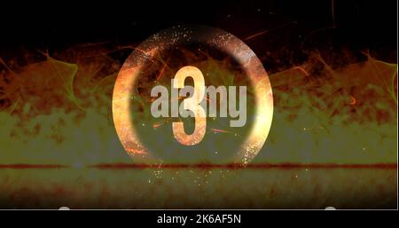 Image of ring and glowing number three in dramatic countdown over flaming fire background. Countdown, anticipation, time and entertainment concept dig Stock Photo