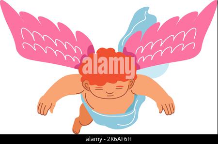 Cupid with pink wings flying, angel boy vector Stock Vector