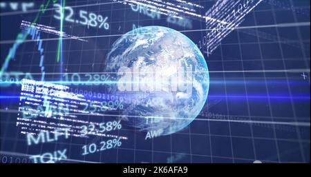 Image of diverse data and graphs processing over globe in navy digital space. Global business, finance, economy, digital interface and technology conc Stock Photo