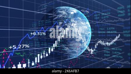 Image of diverse data and graphs processing over globe in navy digital space. Global business, finance, economy, digital interface and technology conc Stock Photo