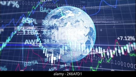 Image of diverse data and graphs processing over globe in navy digital space. Global business, finance, economy, digital interface and technology conc Stock Photo