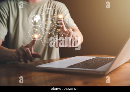 Businessman hand touch for information with hologram via cloud computing diagram. Networking and Data storage.Planning and strategy concept. Success b Stock Photo