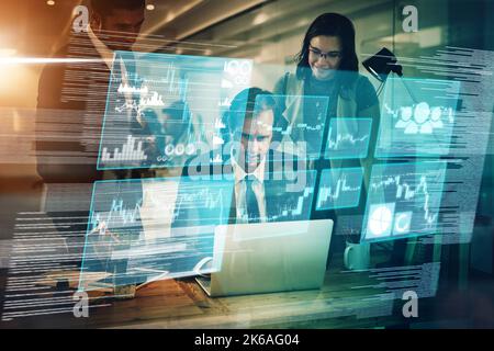 Business people, laptop or 3D networking abstract in night office with digital marketing software, data analysis code or teamwork. Technology, digital Stock Photo