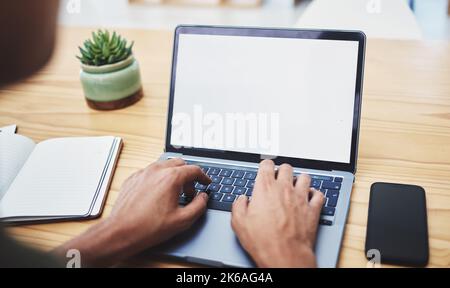 Mockup, laptop or zoom of businessman hands working on communication, networking or internet research. Advertising worker with motivation vision and Stock Photo