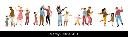 Set of parents dancing with children. Flat vector illustration of families having fun together. Mothers and fathers enjoying music, jumping with kids, celebrating holiday, weekend entertainment Stock Vector