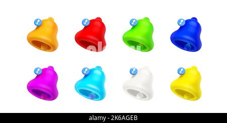 3d render notification bells, colorful unread message on phone or computer application. Alert notice, spam, chat box, online conversation isolated icons, Vector illustration in cartoon plastic style Stock Vector
