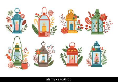 Christmas lanterns set winter decor flat design vector Stock Vector