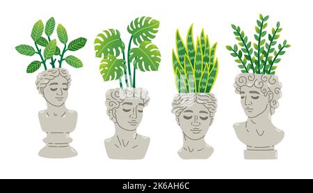 Trendy collection of home plants in statue heads flowerpots pack icons. Set of houseplants in pots modern illustrations. Stock Vector