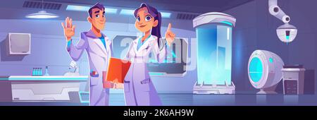 Scientists or doctors in futuristic laboratory. Medicine stuff male and female characters in white robe stand with raised index finger and palm in lab with modern equipment Cartoon vector illustration Stock Vector