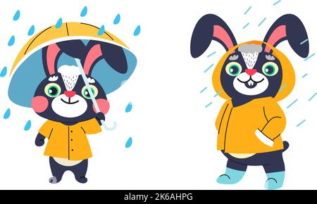 Rabbit wearing raincoat standing under rainfall Stock Vector