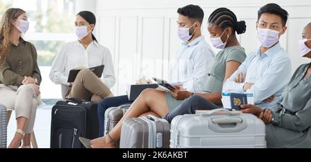 Face mask, covid or business people in airport terminal travel in safety healthcare law. Vacation, luggage or tourist in covid 19 safety in Stock Photo