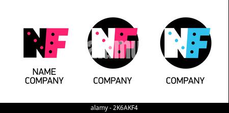 Initial Letter N F. Set Logo with dot. Black and blue, red sign NF in black circle. Template Design Element.  Vector isolated on white. Stock Vector