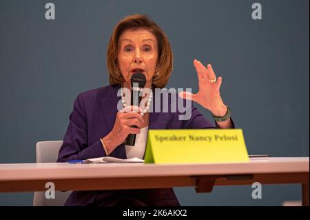 NEW YORK, New York - OCTOBER 12: House Speaker, U.S. Representative Nancy Pelosi (D-CA) speaks during a roundtable conversation on the Inflation Reduction Act on October 12, 2022 in the Queens borough of New York City.   House Speaker Nancy Pelosi visits Queens Community House's Forest Hills Older Adult Center for a community roundtable with Congresswoman Grace Meng about the newly enacted Inflation Reduction Act help lowering health care costs for New Yorkers. Credit: Ron Adar/Alamy Live News Stock Photo
