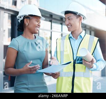 Diversity, architect man and business woman in collaboration conversation, building or planning startup company. Teamwork, male engineer or female Stock Photo