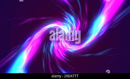 Abstract bright creative cosmic background. Hyper jump into another galaxy. Speed of light, neon glowing twisted lines in motion. Stock Photo