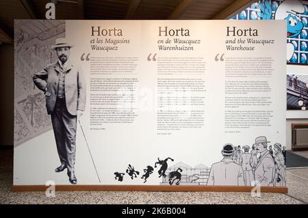 Board dedicated to Victor Horta and former textile Waucquez warehouse (designed by the belgian architect), Comics Art Museum, Brussels, Belgium Stock Photo