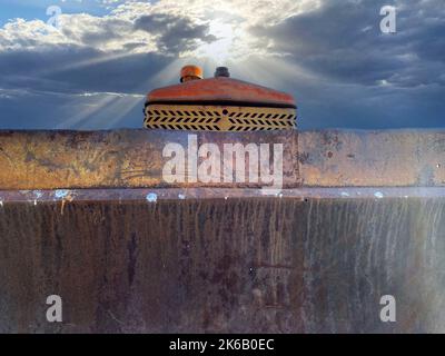a tractor blade bulldozer dozer rusty iron steel industrial backdrop rust oxidation background farm closeup rust corroded rusted metal construction eq Stock Photo