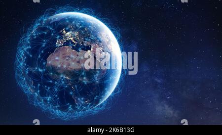 Communication technology with global internet network connected around the world. Telecommunication and data transfer international connection links. Stock Photo
