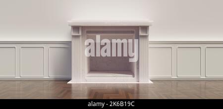 Fireplace white marble empty on wooden parquet floor, wainscot panel on wall, living room interior classic design. 3d render Stock Photo