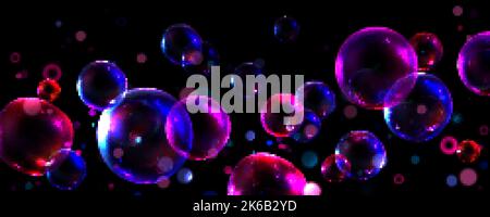 Abstract background with transparent soap bubbles. Horizontal poster with flying 3d shiny air bubbles with neon light reflections on black background, Stock Vector