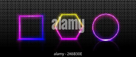 Neon frames square, circle and hexagon shapes. Electric light banners for night club or casino, glowing borders with gradient colors, vector realistic Stock Vector