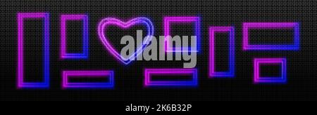 Blue and pink neon light frames, empty banners in rectangle and heart shapes. Glowing borders for night club or casino electric signboards isolated on Stock Vector