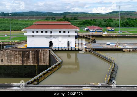 An aerial view of small white building s in Panama Canal seen from Miraflores Visitor Center Stock Photo