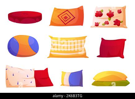 Cute soft pillows for bed and sofa. Square and rectangular cushions for sleep, rest and bedroom decoration. Comfy color decorative pillows isolated on Stock Vector