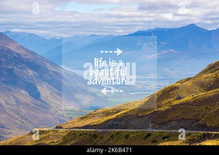 Travel inspirational quotes - Life is a beautiful adventure. Blurry retro styled background. Stock Photo