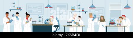 Science laboratory research and development. Medicine, genetics, chemistry or biochemistry scientists working together in lab with microscope and equi Stock Vector