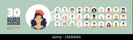 Set of people avatars, round icons with faces of young and old male and female characters. Diverse men or women with different hair color, kids, teens Stock Vector