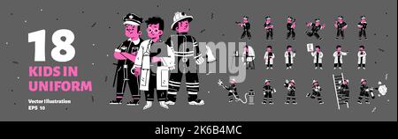 Set of kids in professional policeman, doctor and firefighter uniform. Cute boys playing different occupation in costumes of medicine worker, police o Stock Vector