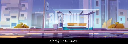 City bus stop at rainy weather, commuter station for transport under autumn stormy rain on cityscape view. Glass shelter with bench on wet roadside wi Stock Vector