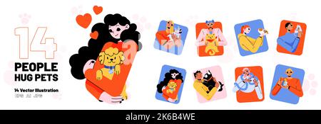 Set people hug pets square icons, young men and women holding dog, cat, parrot or guinea pig, snake, rat and rabbit on hands. Human characters cuddle Stock Vector