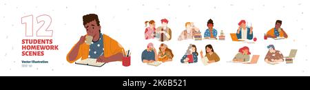 Students do homework, read books, use laptop, drink coffee and write. Scenes of diverse young people learning and study together, vector hand drawn il Stock Vector