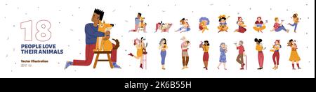 Diverse people love their pets isolated on white background. Happy domestic animals owners hug dogs and cats, hold rabbit, lizard and parrot, vector f Stock Vector