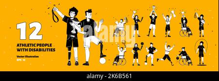 Set of athletic people with disabilities. Paralympic disabled athletes characters with trophy. Sport men and women on wheelchair or prosthesis. Line a Stock Vector