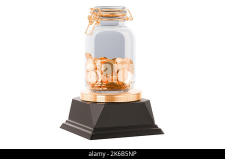 Glass jar with golden coins golden award concept. 3D rendering isolated on white background Stock Photo