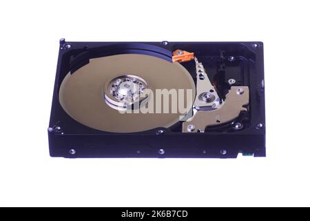 Internal view of computer hard disk isolated on white background Stock Photo