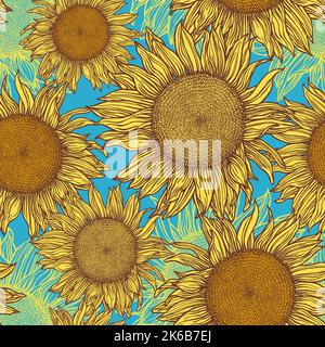 Sunflowers hand-drawn in seamless pattern. Naturalistic yellow-orange flowers. Summer print for design. Pen and ink drawing. Stock Vector