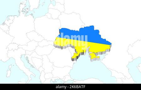 ukraine, map with borders in 3d three-dimensional form and with the colors of the yellow and blue flag. It borders the european union and Russia. Stock Photo