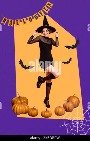 Vertical collage portrait of excited positive witch girl dancing hands touch cone hat pumpkin vegetable flying bats halloween flags spider web Stock Photo