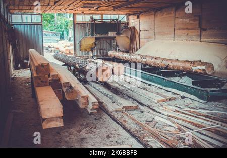 Sawmill. Process of machining logs in equipment sawmill machine saw saws the tree trunk on the plank boards. Wood sawdust work sawing timber wood wooden woodworking Stock Photo