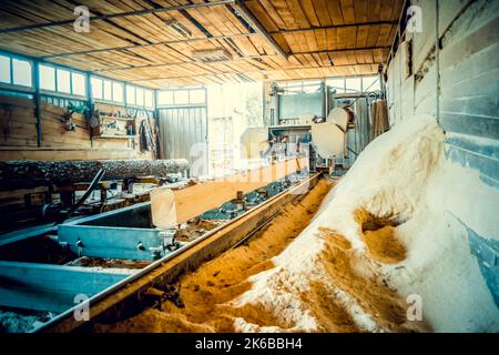 Sawmill. Process of machining logs in equipment sawmill machine saw saws the tree trunk on the plank boards. Wood sawdust work sawing timber wood wooden woodworking Stock Photo