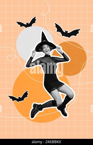 Vertical collage portrait of excited overjoyed conjurer girl black white effect jump hands touch hat flying bats isolated on checkered background Stock Photo