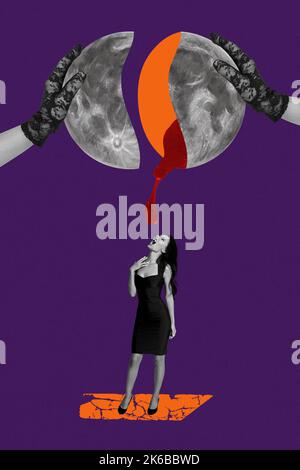 Vertical collage of two big hands crack break moon pour blood mini black white colors girl isolated on drawing background Stock Photo