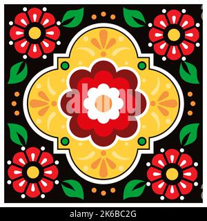 Mexican Vector seamless and single tile pattern - ceramic traditional talavera style with flowers and swirls perfect for home decor, textiles or fabri Stock Vector