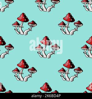 vector pattern of fly agaric, red mushroom caps on a turquoise background. Stock Vector