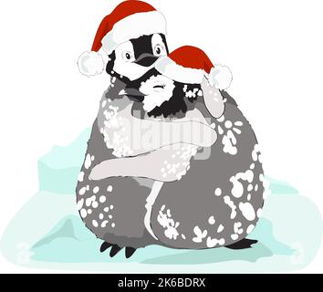 Cute happy couple of cartoonish emperor penguin chicks, boy and girl, wearing Santa Claus Christmas hats, hugging merrily in icy field Stock Vector