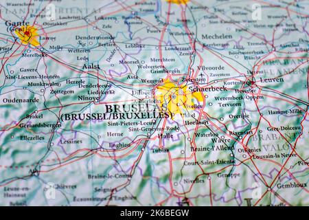 Brussels marked on the map. Travel concept. Stock Photo